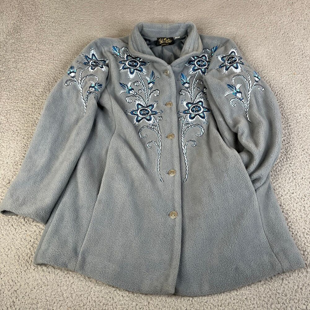 BOB MACKIE Jacket Womens Small Blue Silver Embroidered Fleece Coat Floral Lined